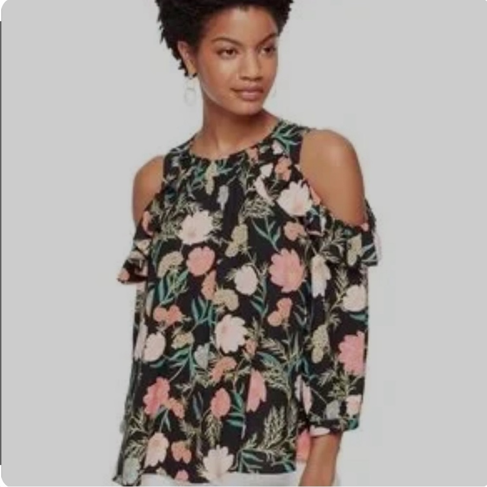 kate spade Black Blossom Floral Cold Shoulder Top Blouse